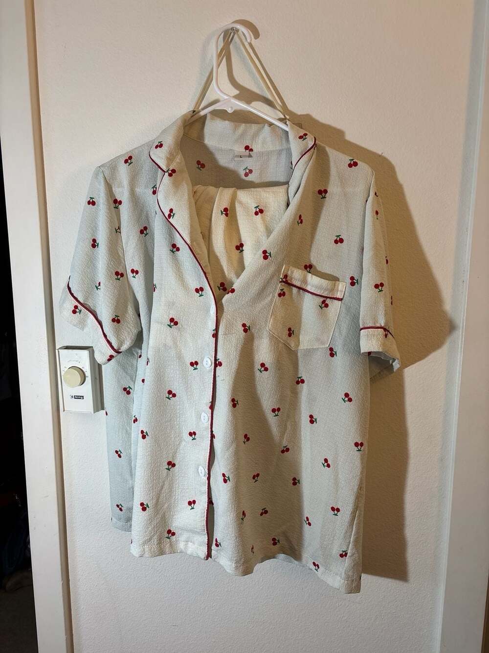 Cherry Print Bubble Textured Pajama Set with Contrast Piping